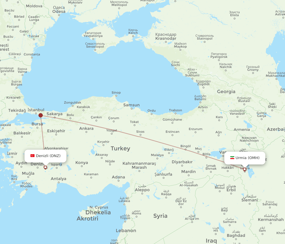 Denizli - Nazluy-ye Jonubi route map and flight paths