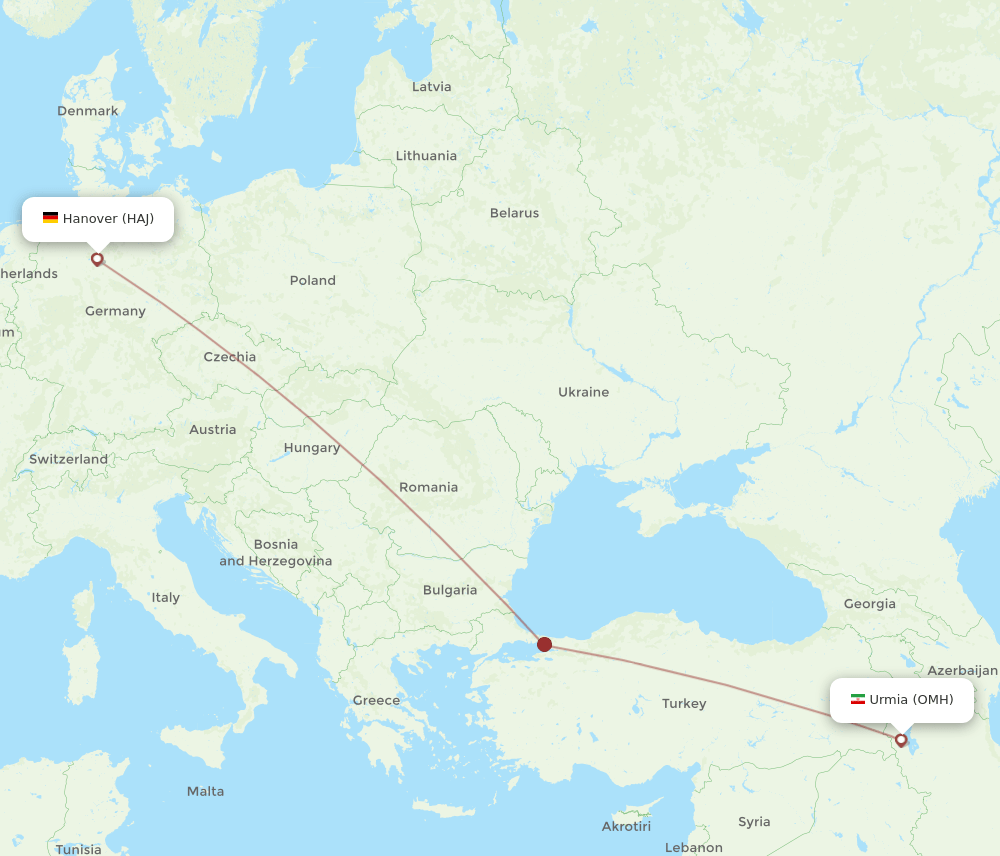 Hanover - Nazluy-ye Jonubi route map and flight paths