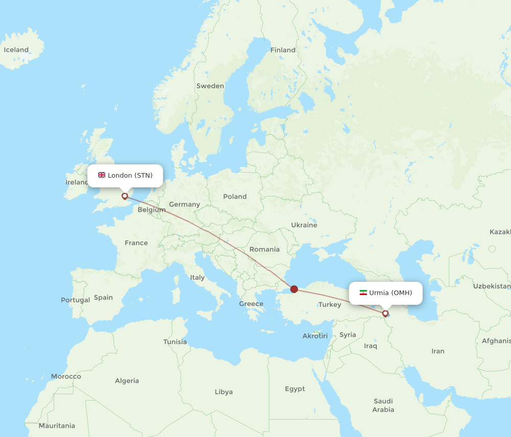London - Nazluy-ye Jonubi route map and flight paths
