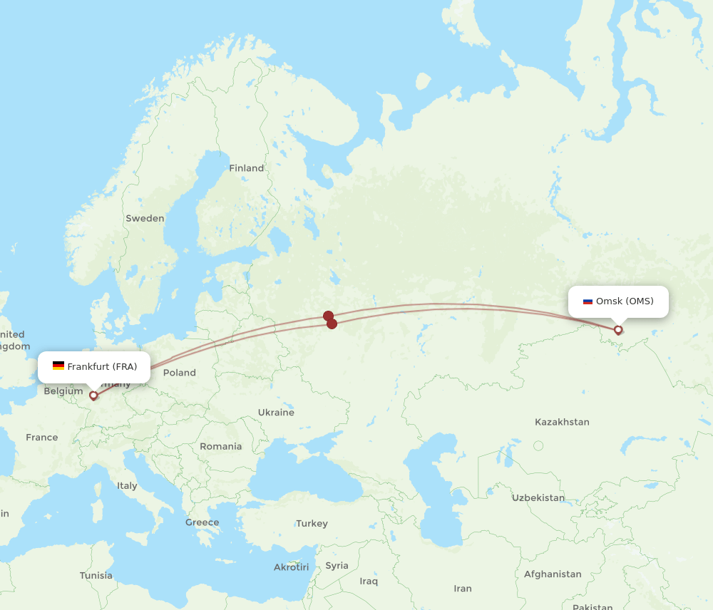 Omsk - Frankfurt route map and flight paths
