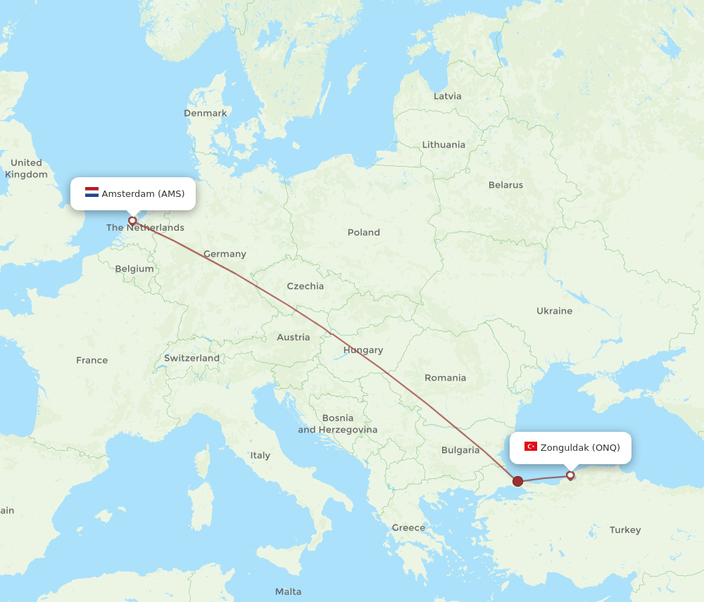 Amsterdam - Zonguldak route map and flight paths