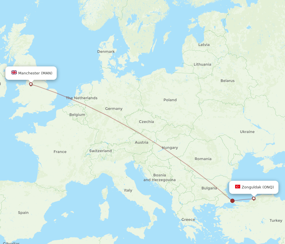 Manchester - Zonguldak route map and flight paths