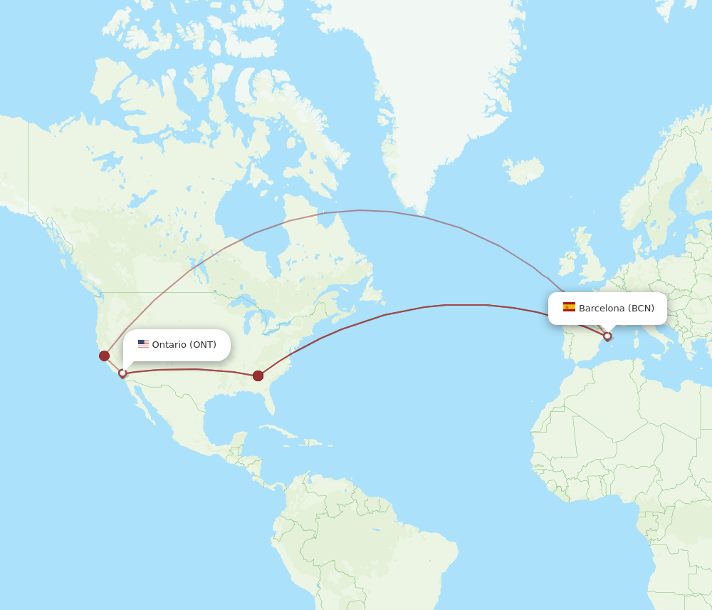 ONT to BCN flights and routes map
