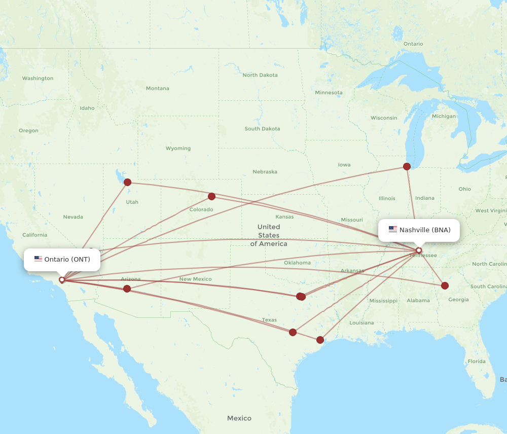 ONT to BNA flights and routes map