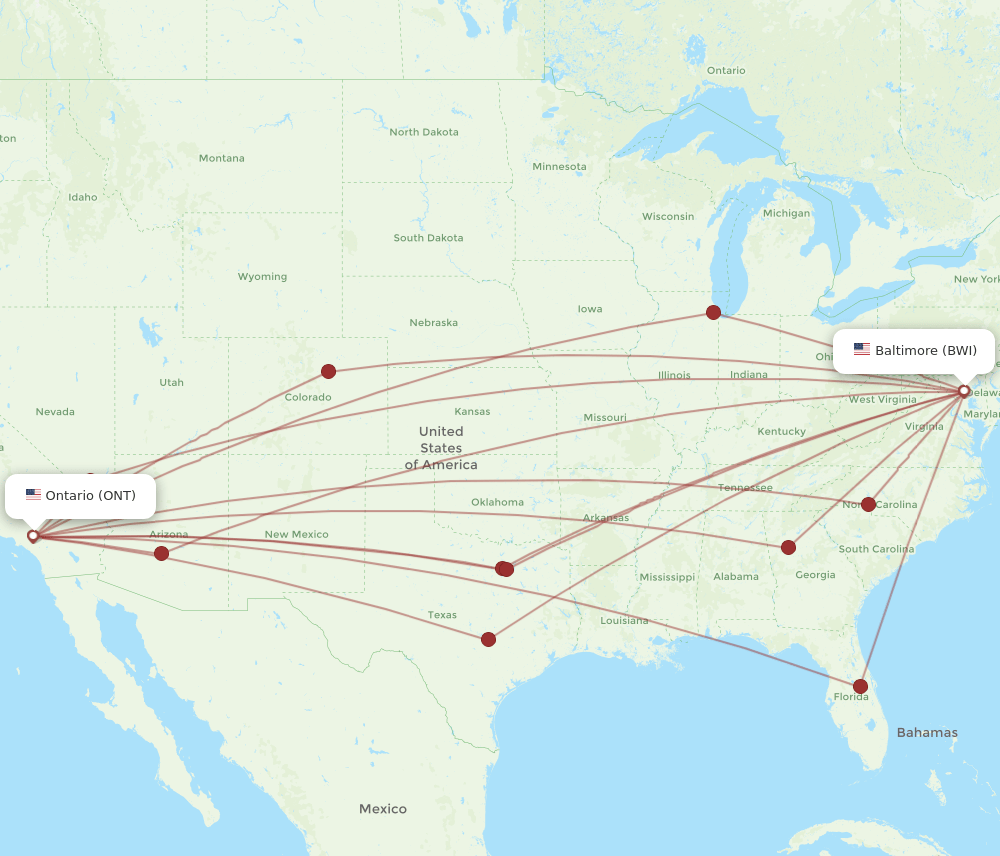 ONT to BWI flights and routes map