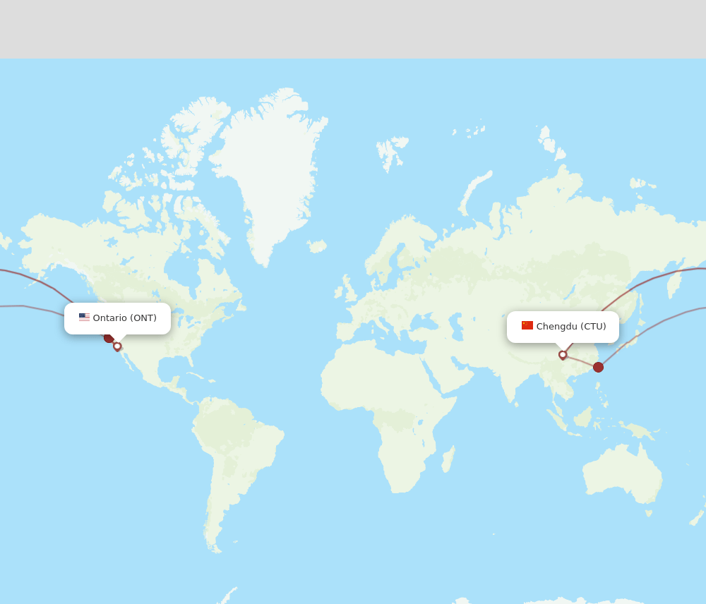 Ontario - Chengdu route map and flight paths