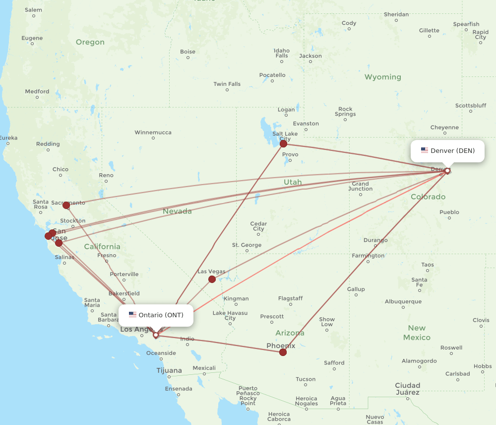 ONT-DEN flight routes