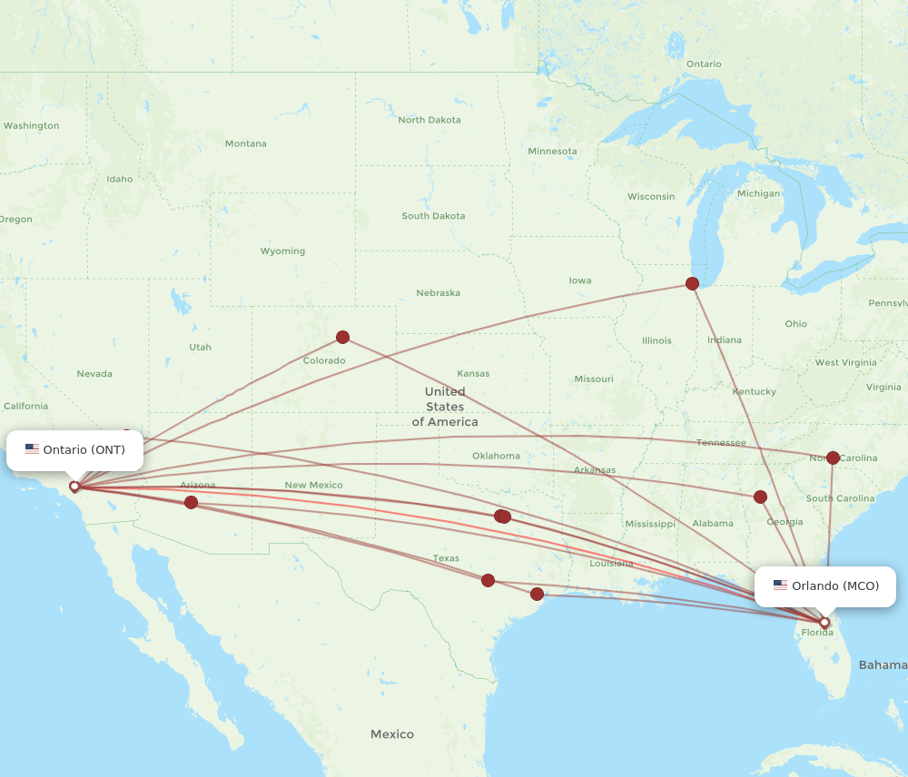 ONT to MCO flights and routes map