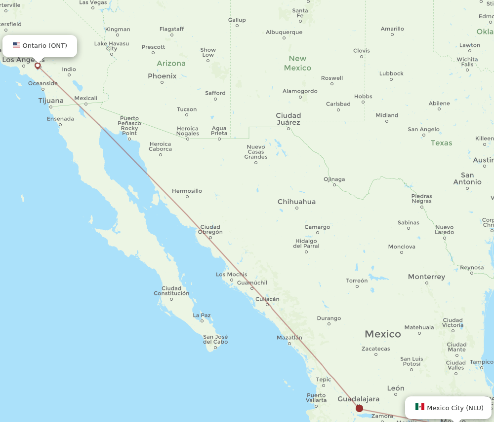Mexico City - Ontario route map and flight paths