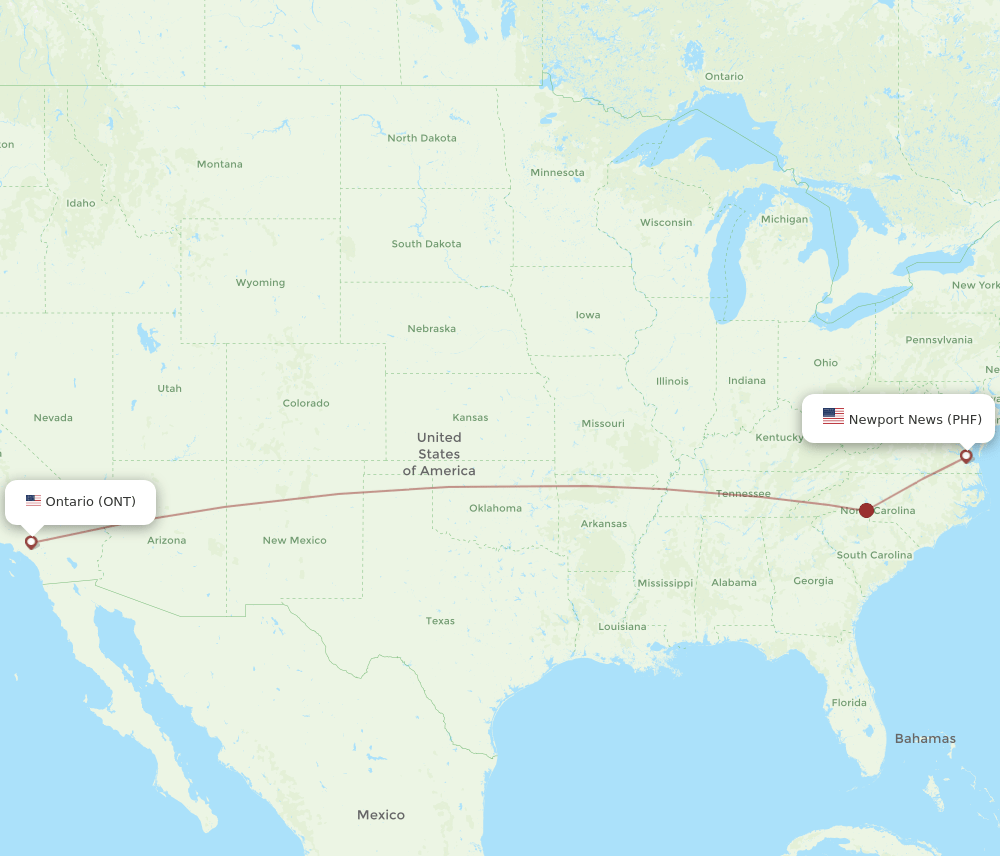 ONT to PHF flights and routes map