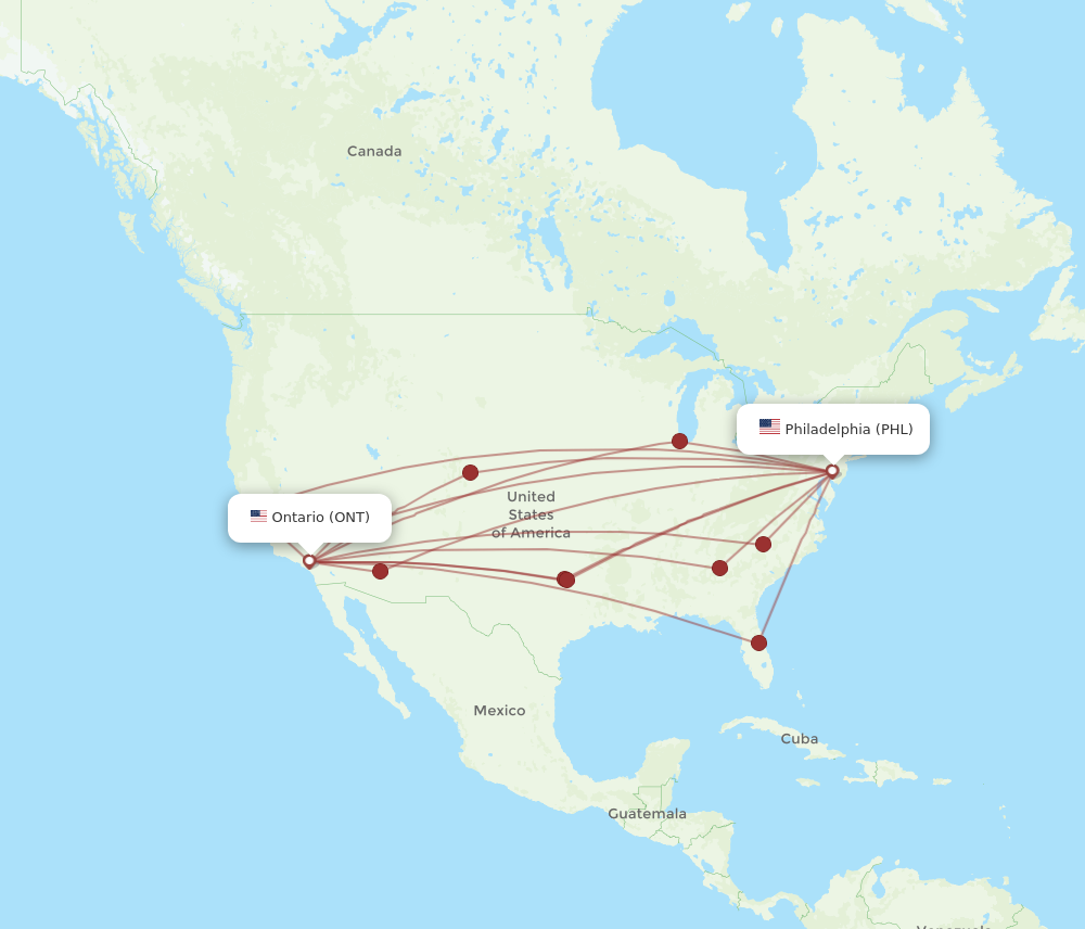 ONT to PHL flights and routes map