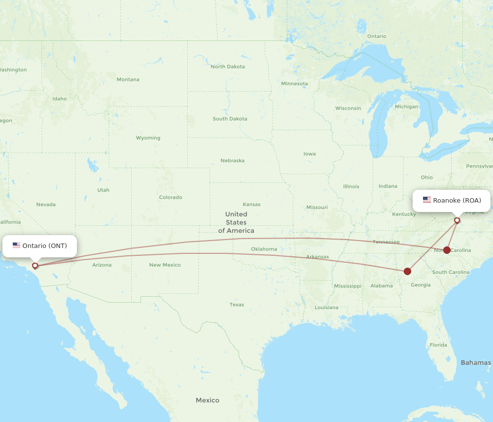 ONT-ROA flight routes