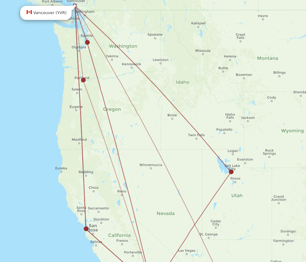ONT to YVR flights and routes map