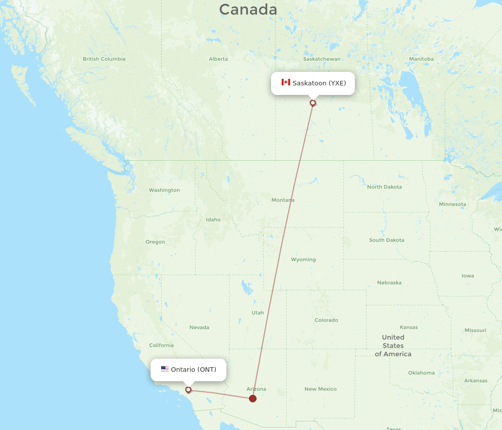 Saskatoon - Ontario route map and flight paths