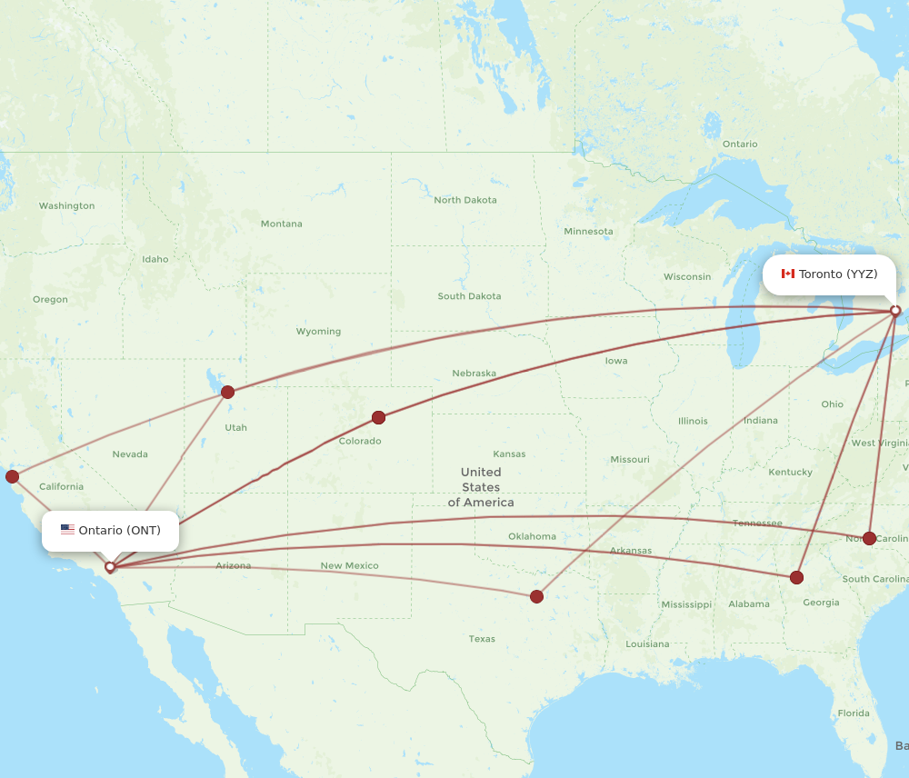YYZ to ONT flights and routes map