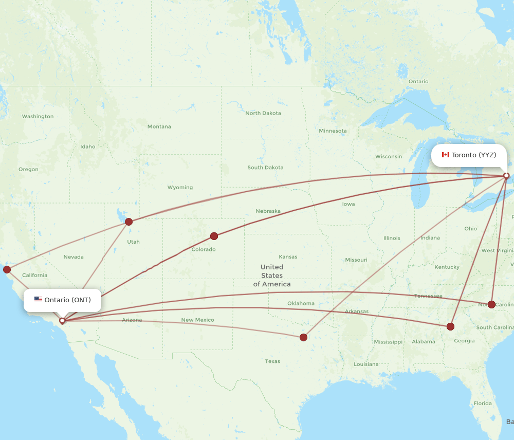 Toronto - Ontario route map and flight paths