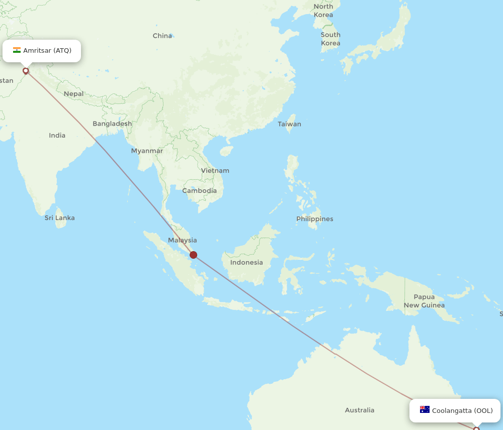 Coolangatta (Gold Coast) - Amritsar route map and flight paths