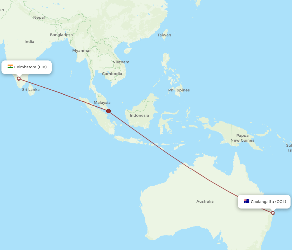 Coolangatta (Gold Coast) - Coimbatore route map and flight paths