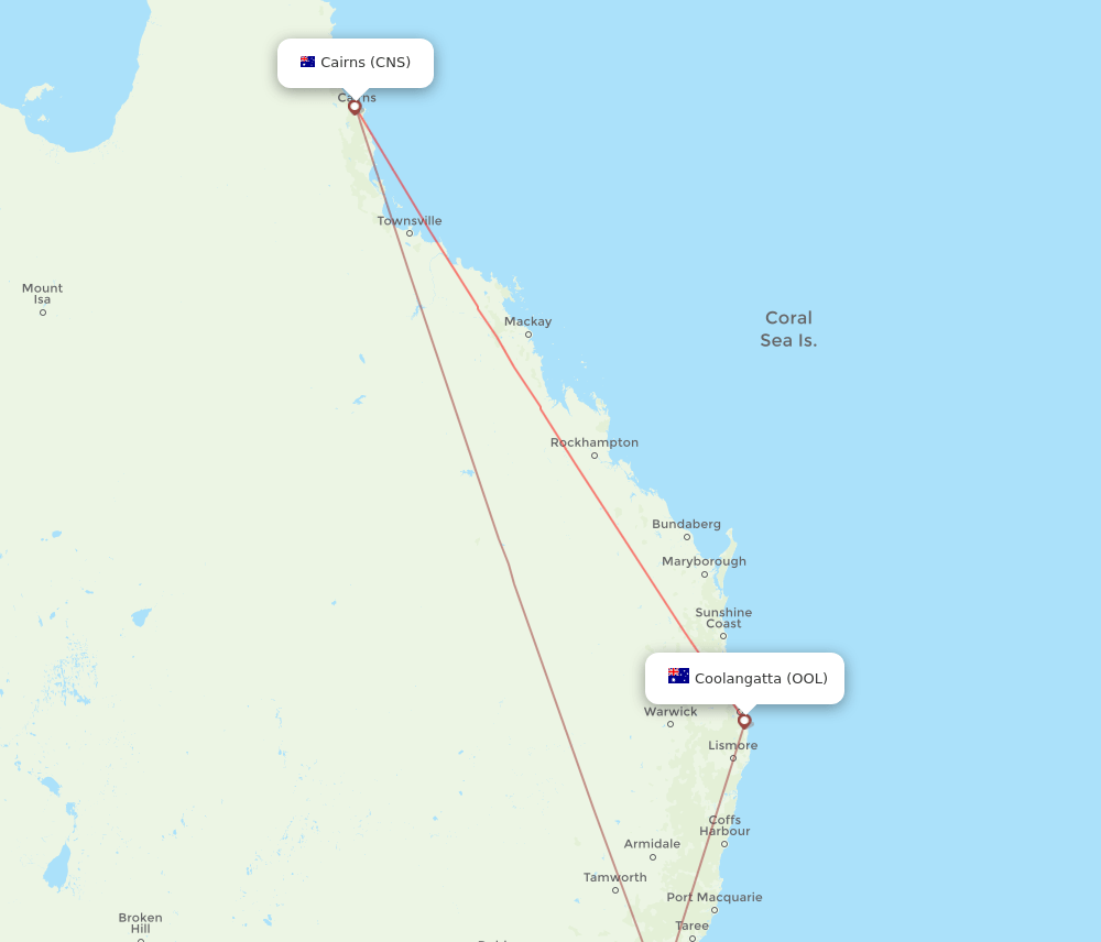 Coolangatta (Gold Coast) - Cairns route map and flight paths