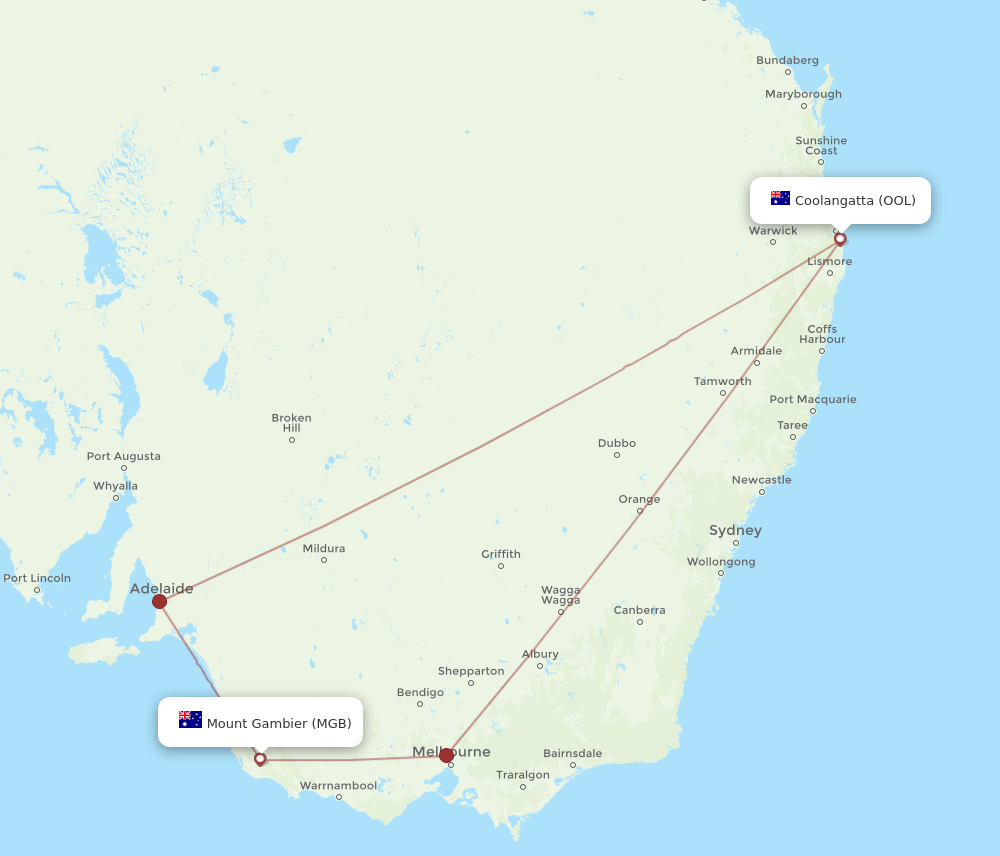 OOL to MGB flights and routes map