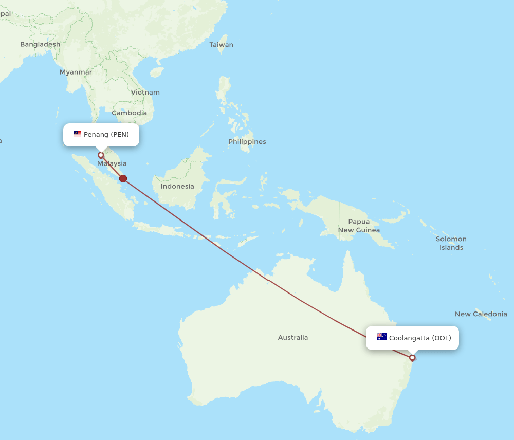 Coolangatta (Gold Coast) - Penang route map and flight paths
