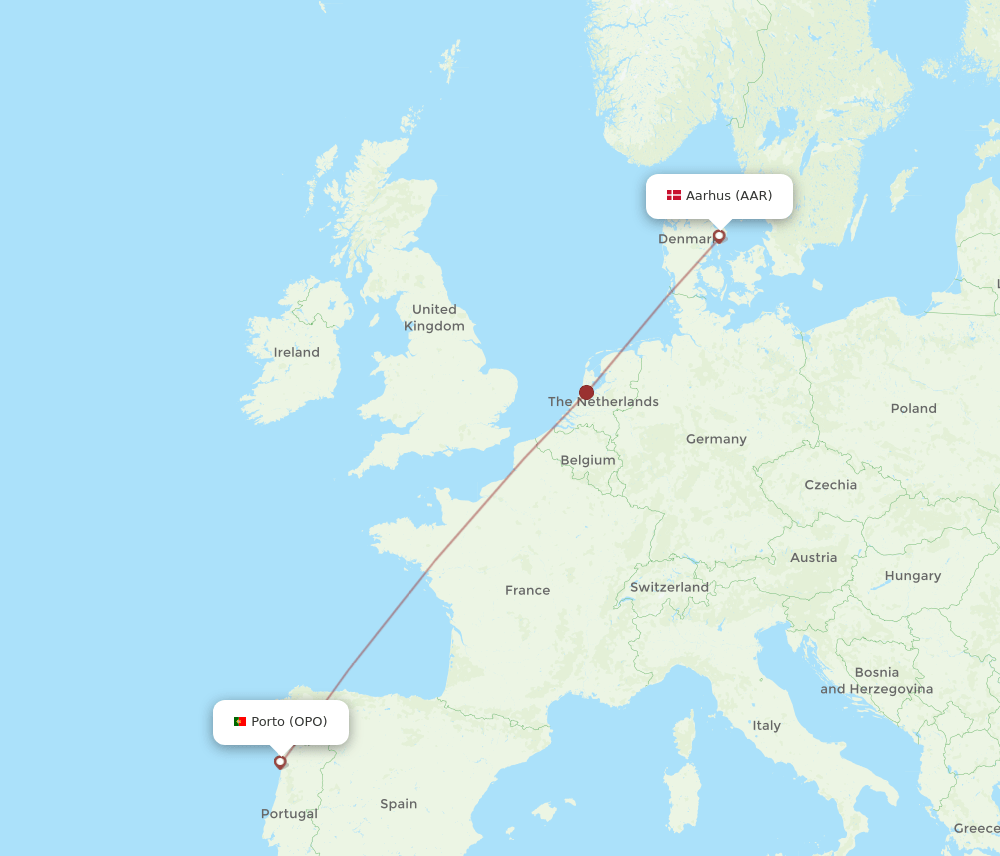 Aarhus - Porto route map and flight paths