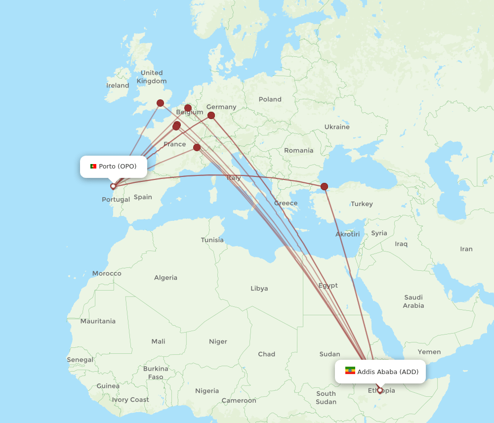 OPO-ADD flight routes