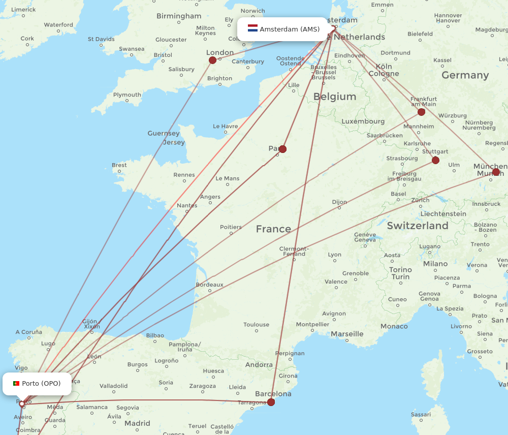 OPO to AMS flights and routes map