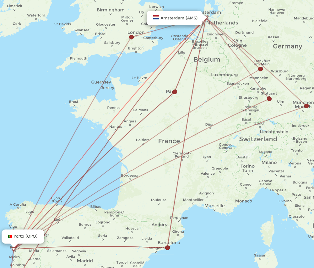 OPO to AMS flights and routes map