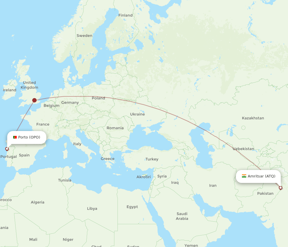 Porto - Amritsar route map and flight paths