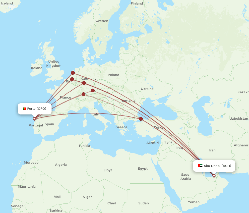 OPO to AUH flights and routes map