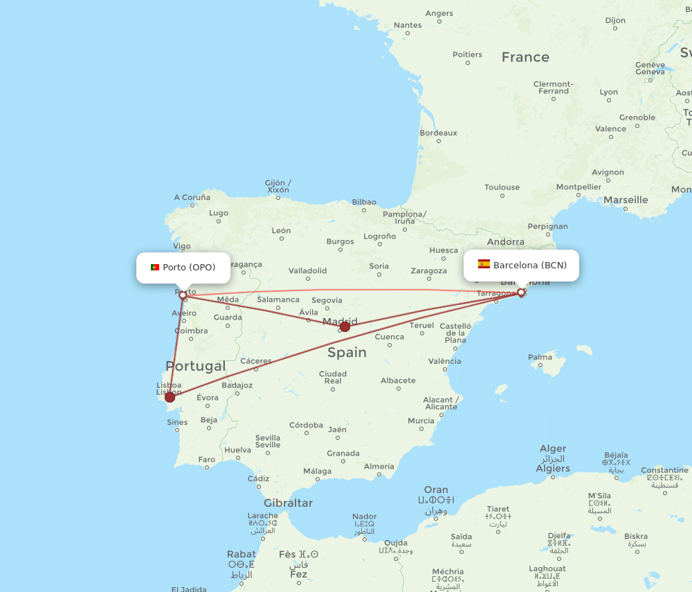 OPO to BCN flights and routes map