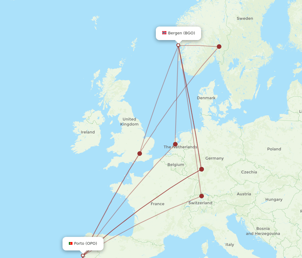 OPO to BGO flights and routes map