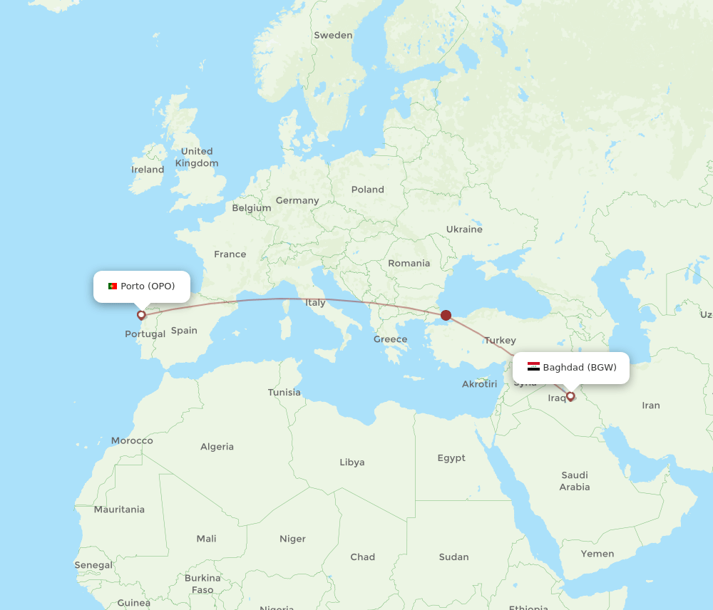 OPO to BGW flights and routes map