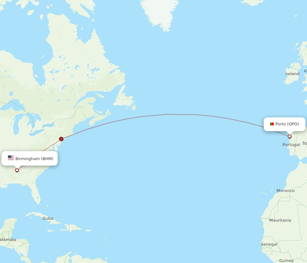 Birmingham - Porto route map and flight paths