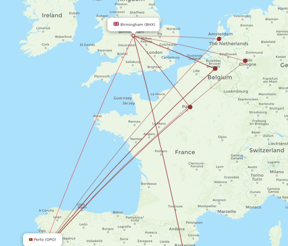 OPO to BHX flights and routes map