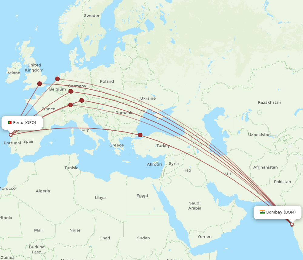OPO-BOM flight routes