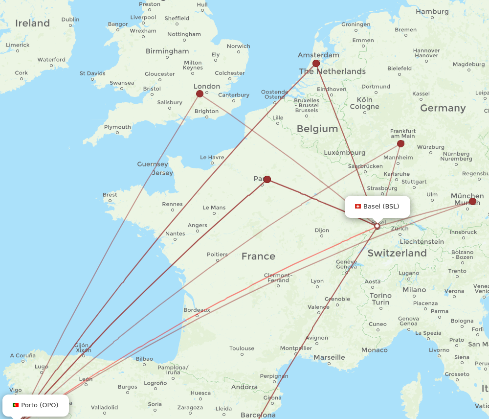 OPO to BSL flights and routes map
