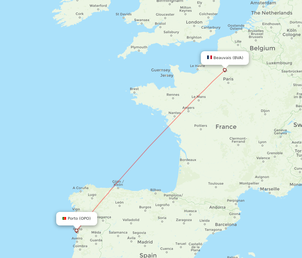 Porto - Paris route map and flight paths