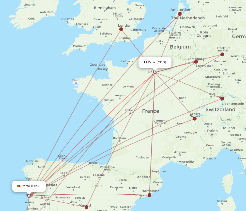 OPO to CDG flights and routes map