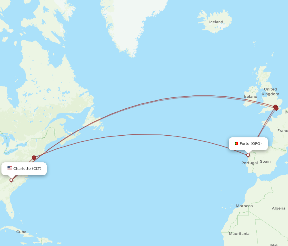 OPO-CLT flight routes