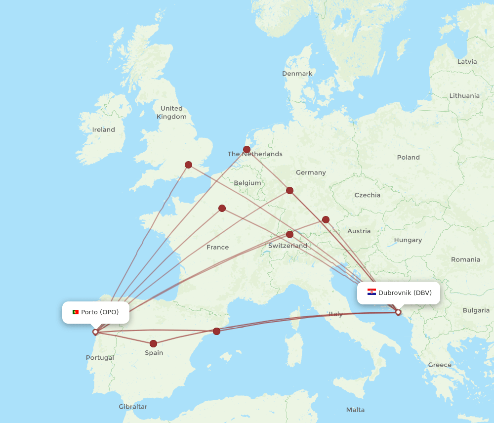 OPO to DBV flights and routes map