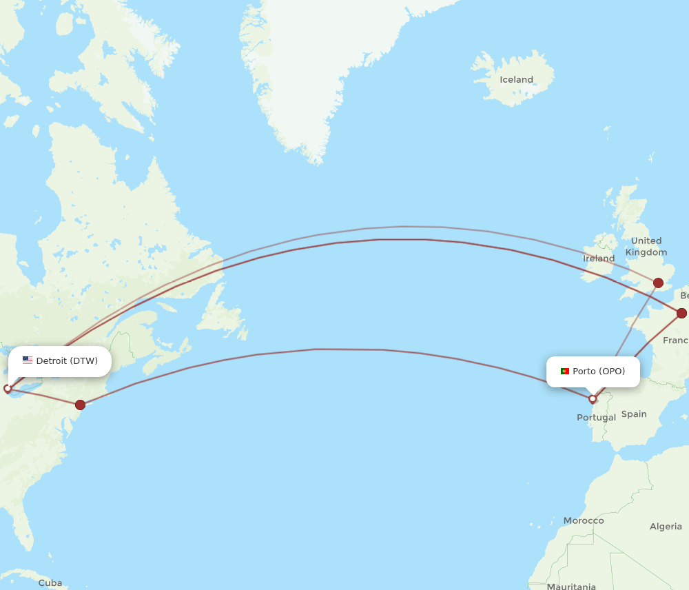 OPO-DTW flight routes