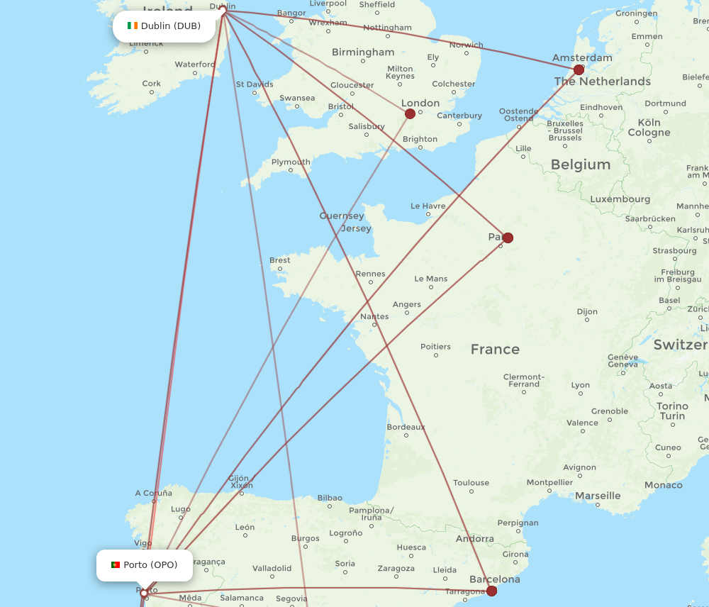 OPO to DUB flights and routes map