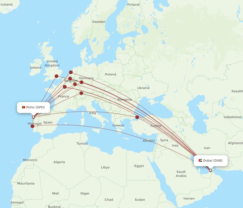 OPO to DXB flights and routes map