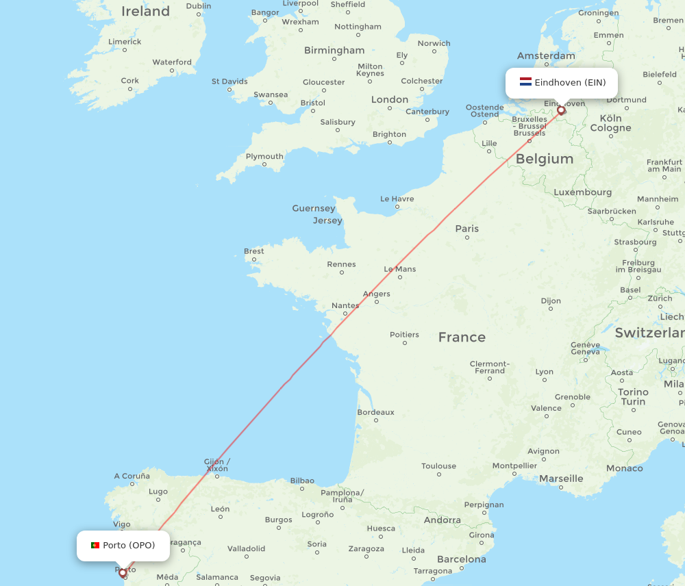 OPO to EIN flights and routes map