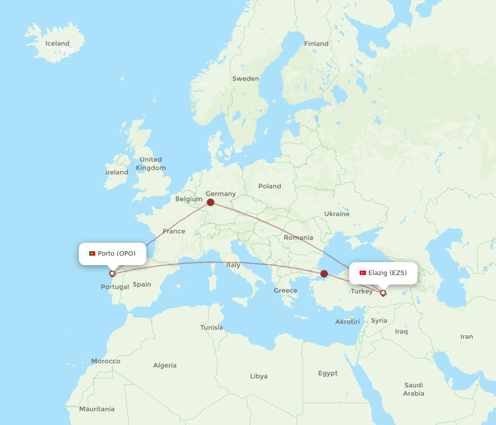 OPO to EZS flights and routes map
