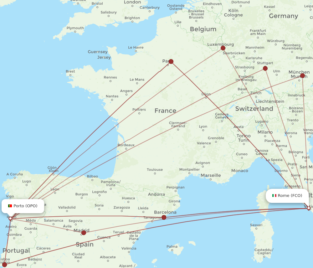OPO to FCO flights and routes map
