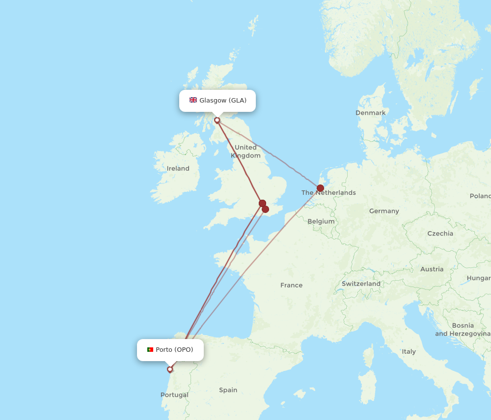 OPO to GLA flights and routes map