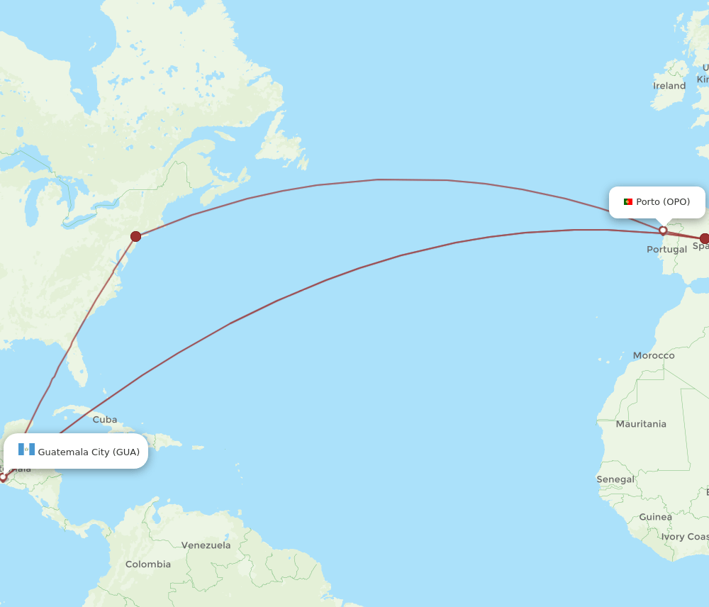 OPO to GUA flights and routes map